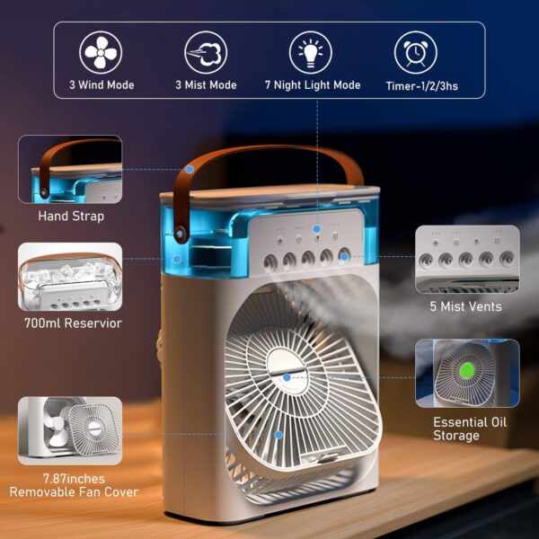 Mini Air Conditioner Fan with LED, Timer, 3 Speeds & Spray Modes for Desk - Image 9