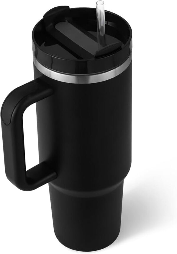 40oz Insulated Stainless Steel Tumbler with Handle & Straw - Vacuum Travel Mug for Hot & Cold Drinks (Black) - Image 5