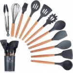 12-Piece Silicone Cooking Utensil Set with Wooden Handle – Heat-Resistant & Non-Toxic Kitchen Tools