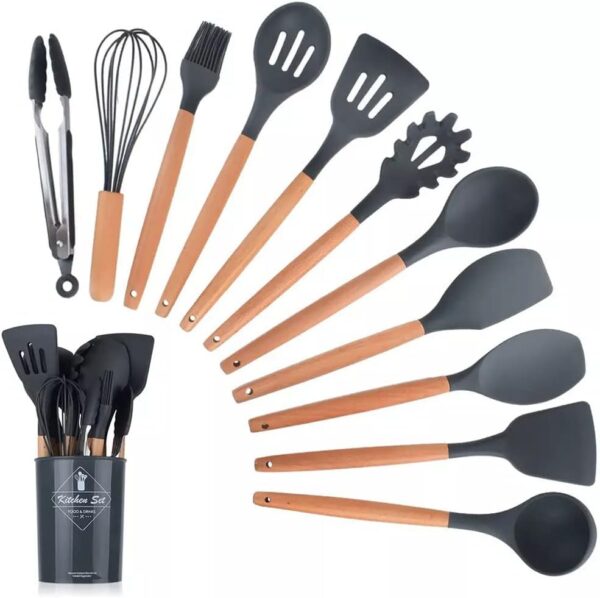 12-Piece Silicone Cooking Utensil Set with Wooden Handle – Heat-Resistant & Non-Toxic Kitchen Tools