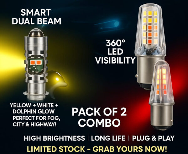 Pack of 2 – Universal Bike Headlight & Backlight Bulb Combo | Yellow/White Beam + Red/Blue Flasher
