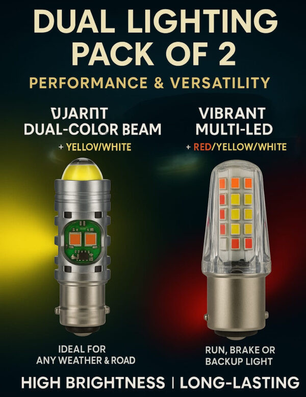 Pack of 2 – Universal Bike Headlight & Backlight Bulb Combo | Yellow/White Beam + Red/Blue Flasher - Image 2